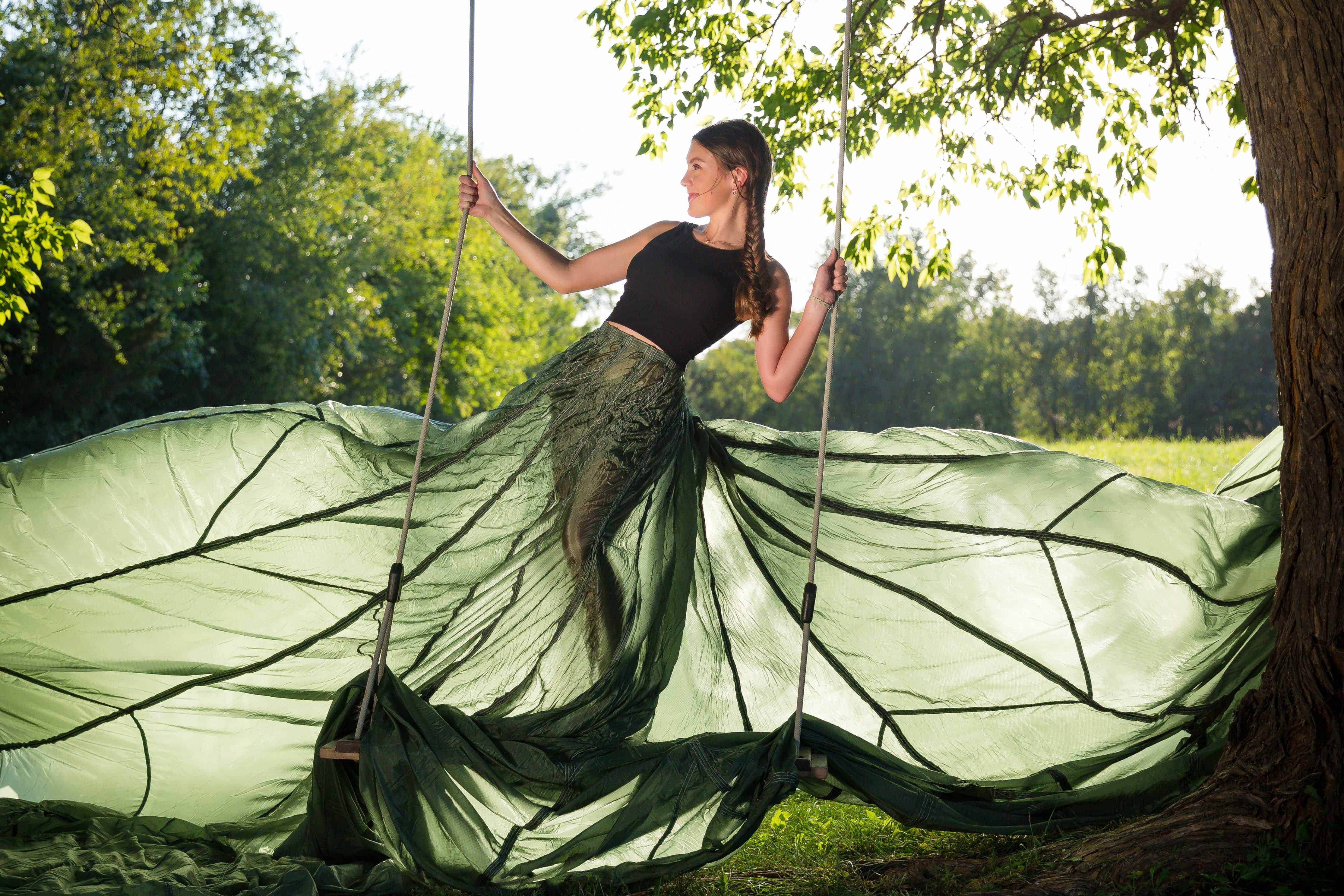 Parachute dress session with a tree swing