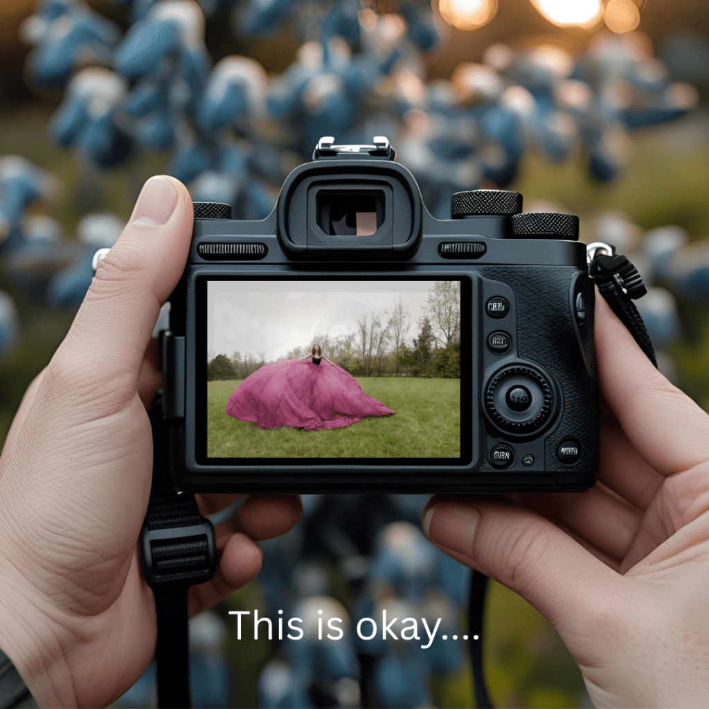 Camera displays a person in a large pink dress on grass. Hands hold the camera, blurred foliage behind. Text: "This is okay...."