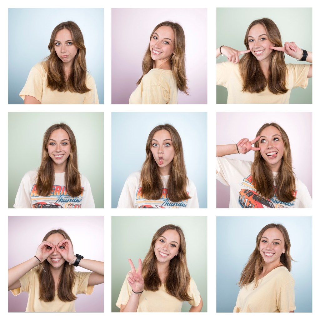 A woman in various poses and expressions against pastel backgrounds. She's wearing casual shirts, making playful gestures, and smiling.